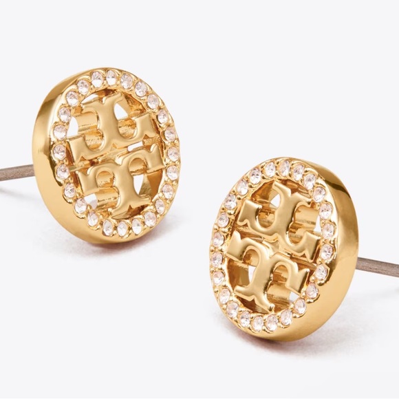 Gold Stud Earrings with Crystal Accents - Picture 2 of 2